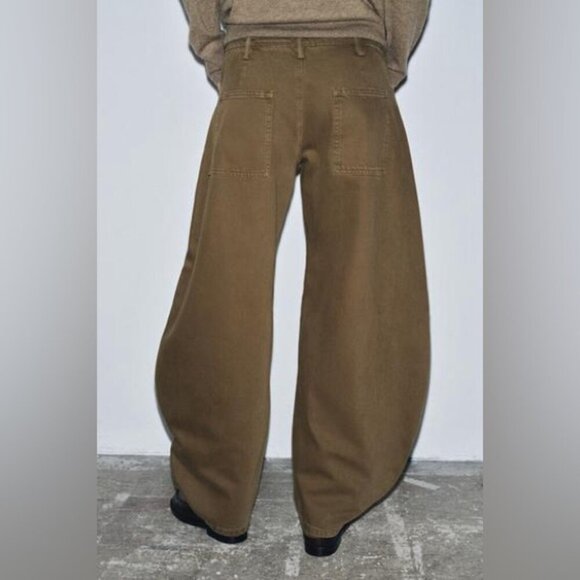 Zara Denim - Zara Olive Green Mega Balloon Jeans Size 2 High Rise Barrel Leg Trendy Pants